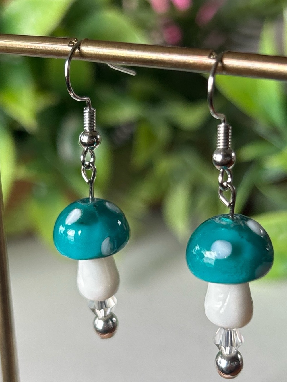 Handmade Teal Mushroom + Hematite Drop Earrings in silver